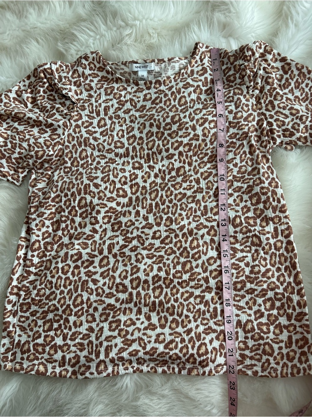 Nine West Brown and Cream Leopard-Print shoulder ruffle Short Sleeve Top - Picture 5 of 7